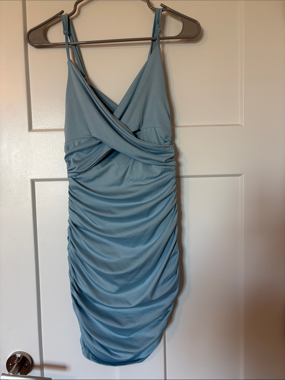 Satin-Feel Ruched Slip Dress in Dusty Blue